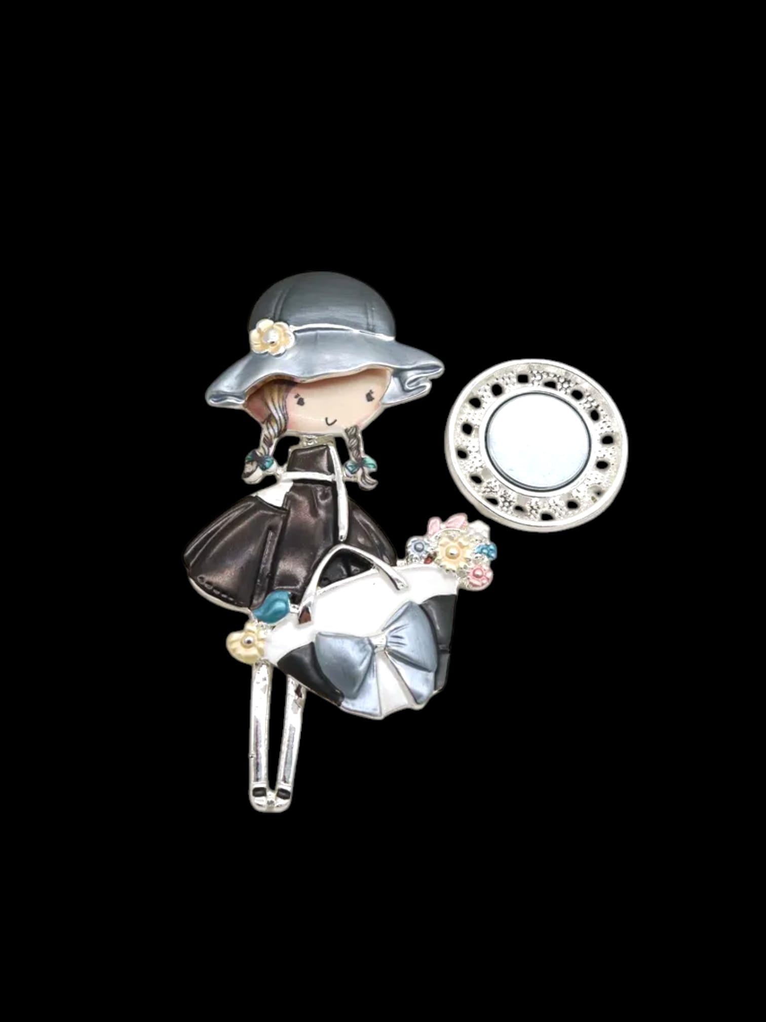 Broche aimantée "Fillette sac à main noeud gris"