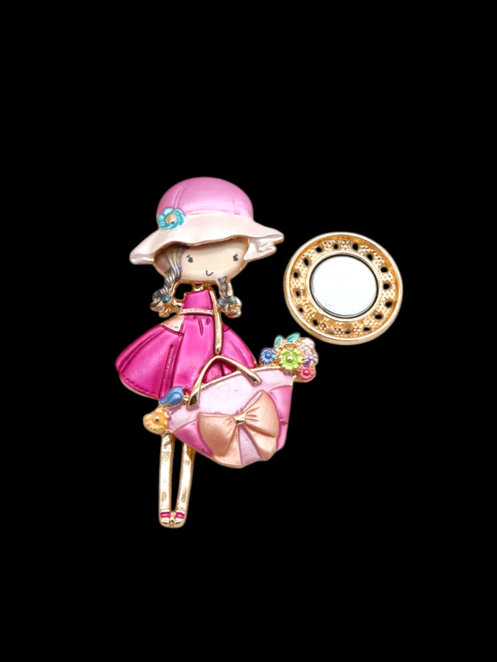 Broche aimantée "Fillette sac à main noeud rose"