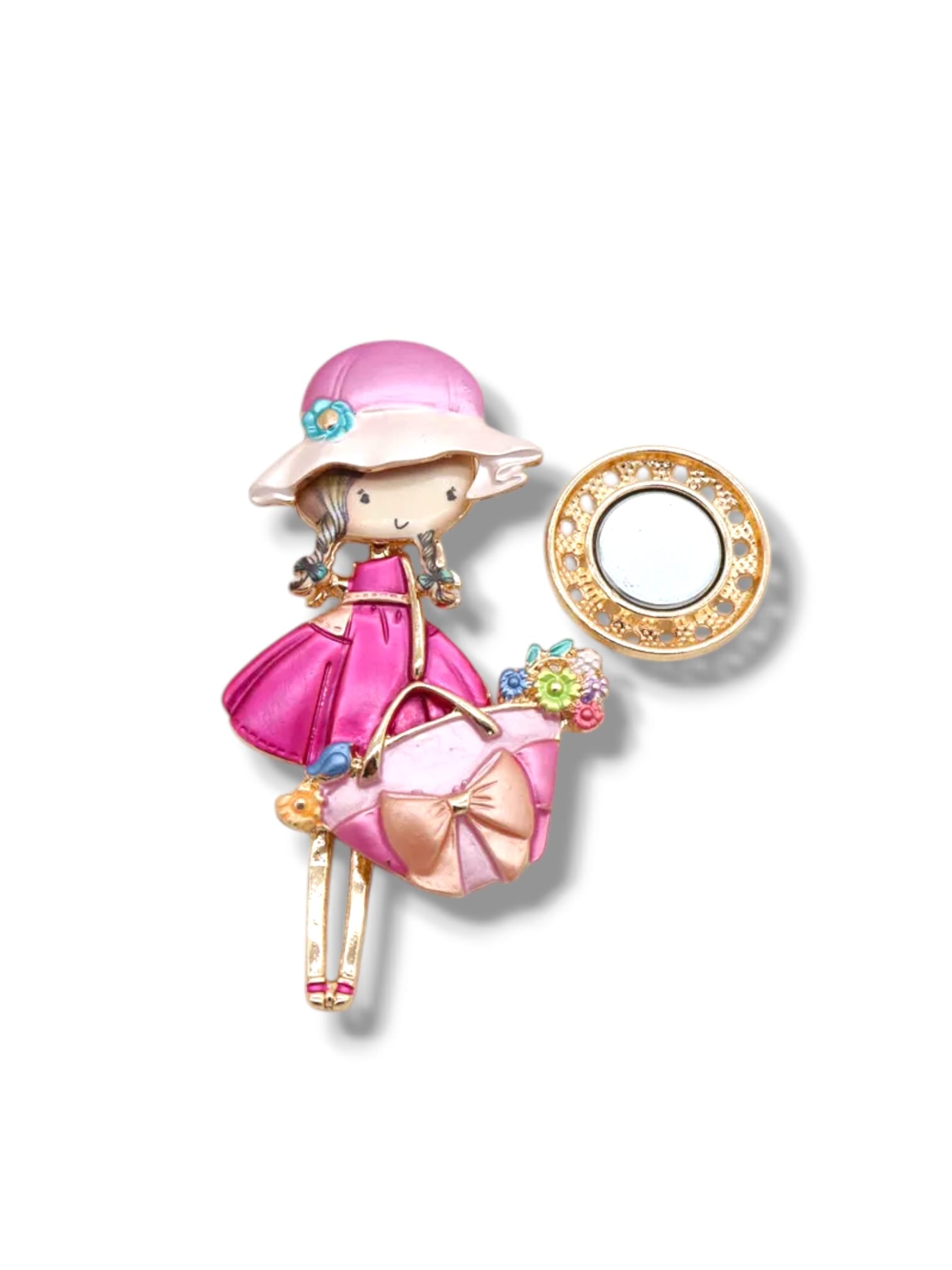 Broche aimantée "Fillette sac à main noeud rose"