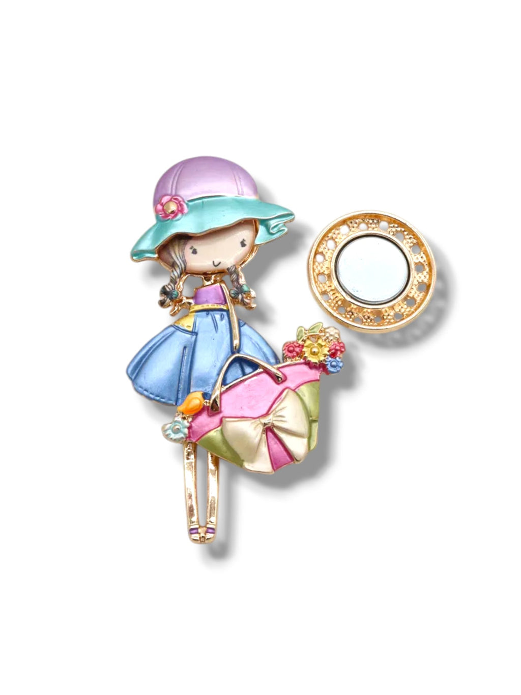 Broche aimantée "Fillette sac à main noeud multicolore"