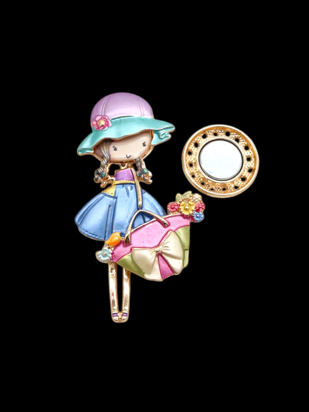 Broche aimantée "Fillette sac à main noeud multicolore"