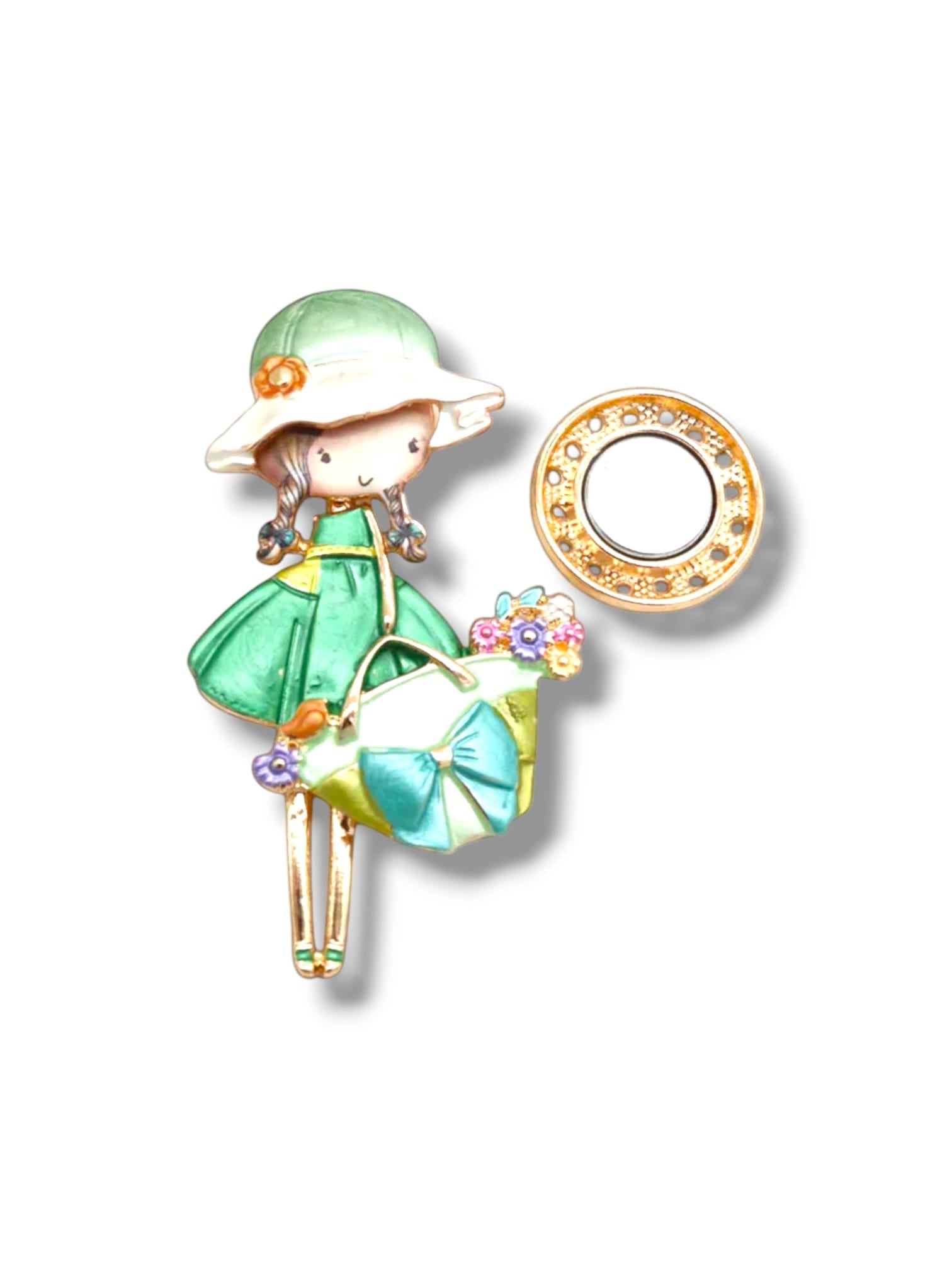 broche aimantée "Fillette sac à main noeud vert"