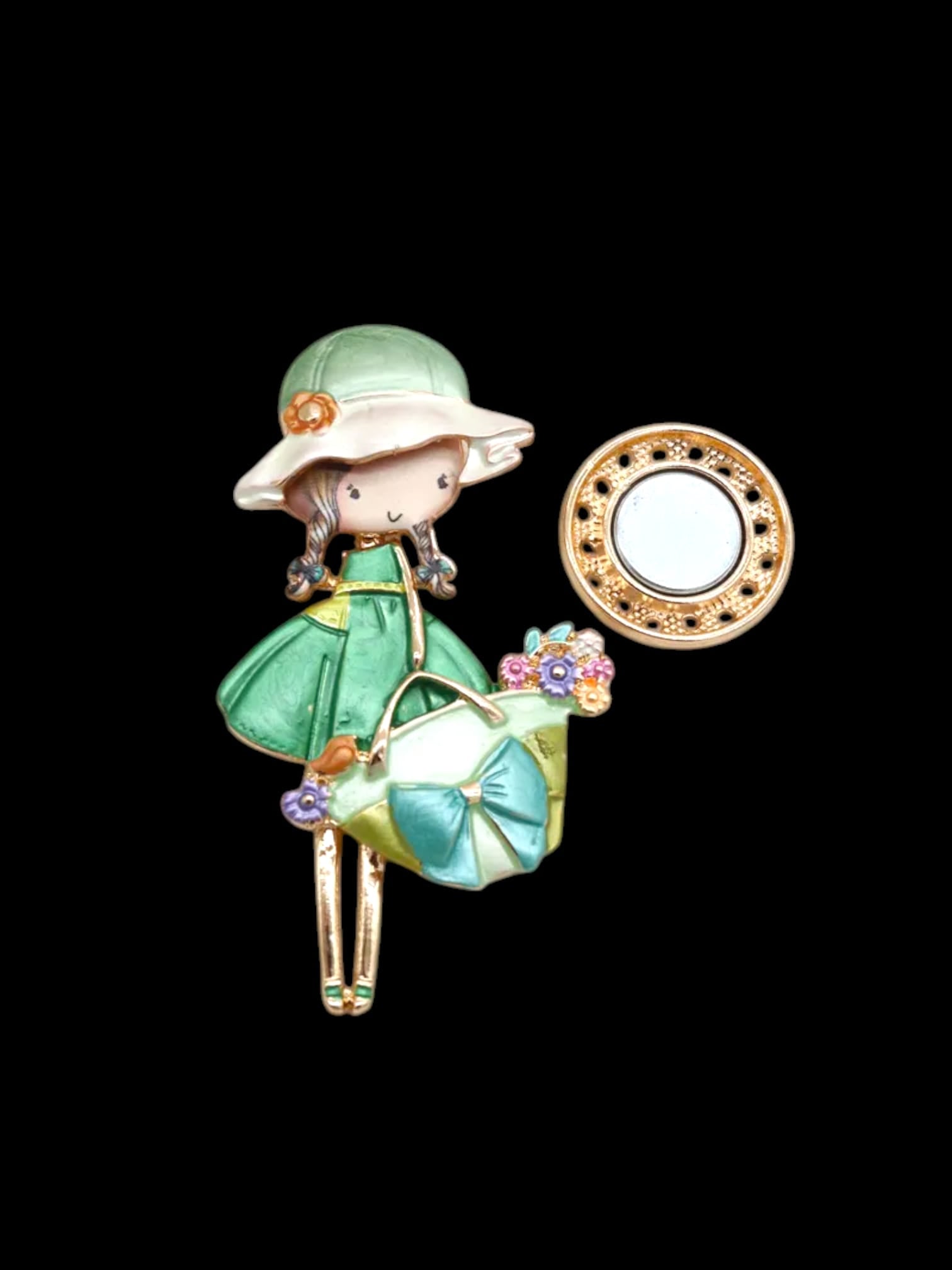 broche aimantée "Fillette sac à main noeud vert"