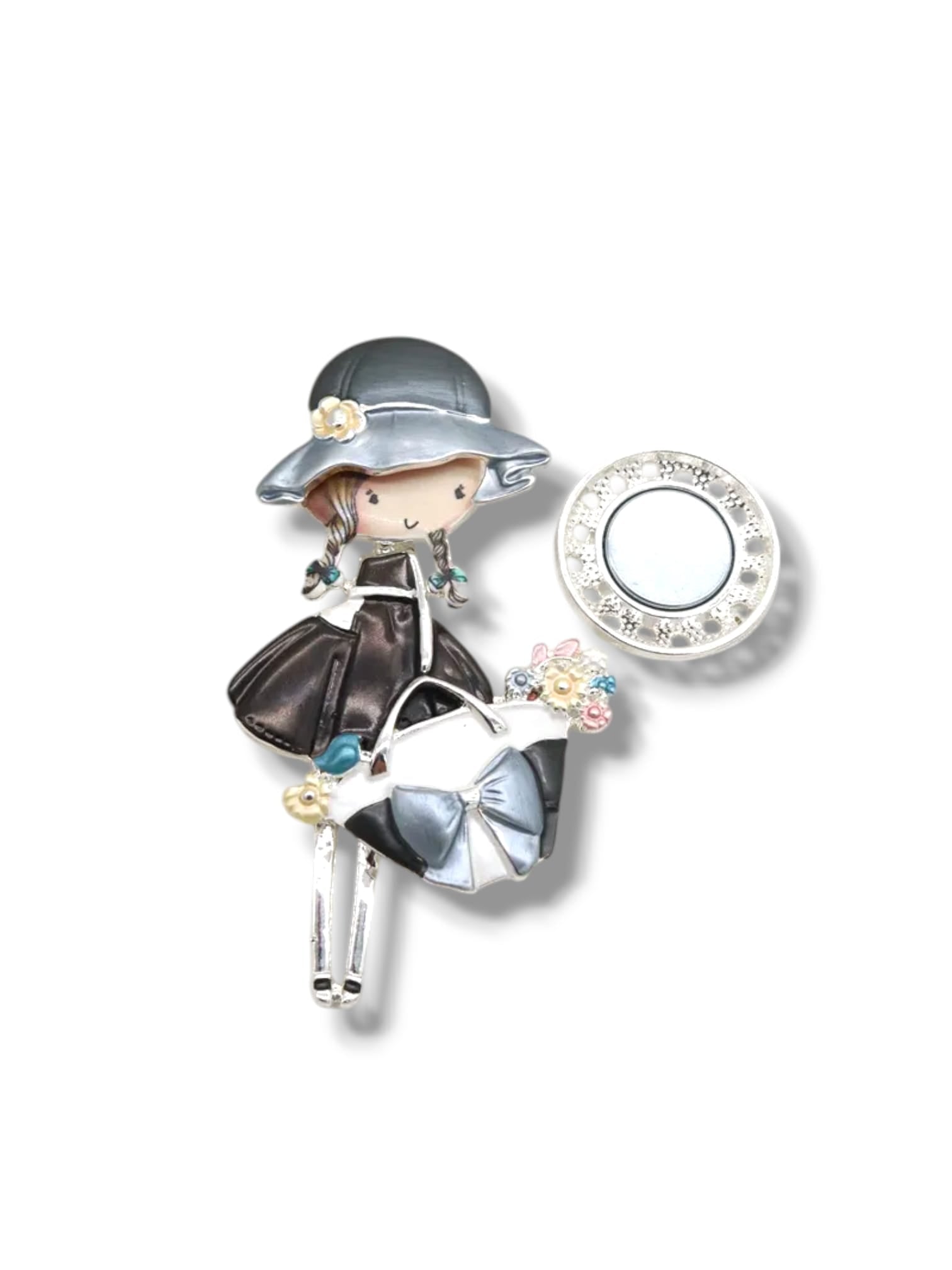 Broche aimantée "Fillette sac à main noeud gris"