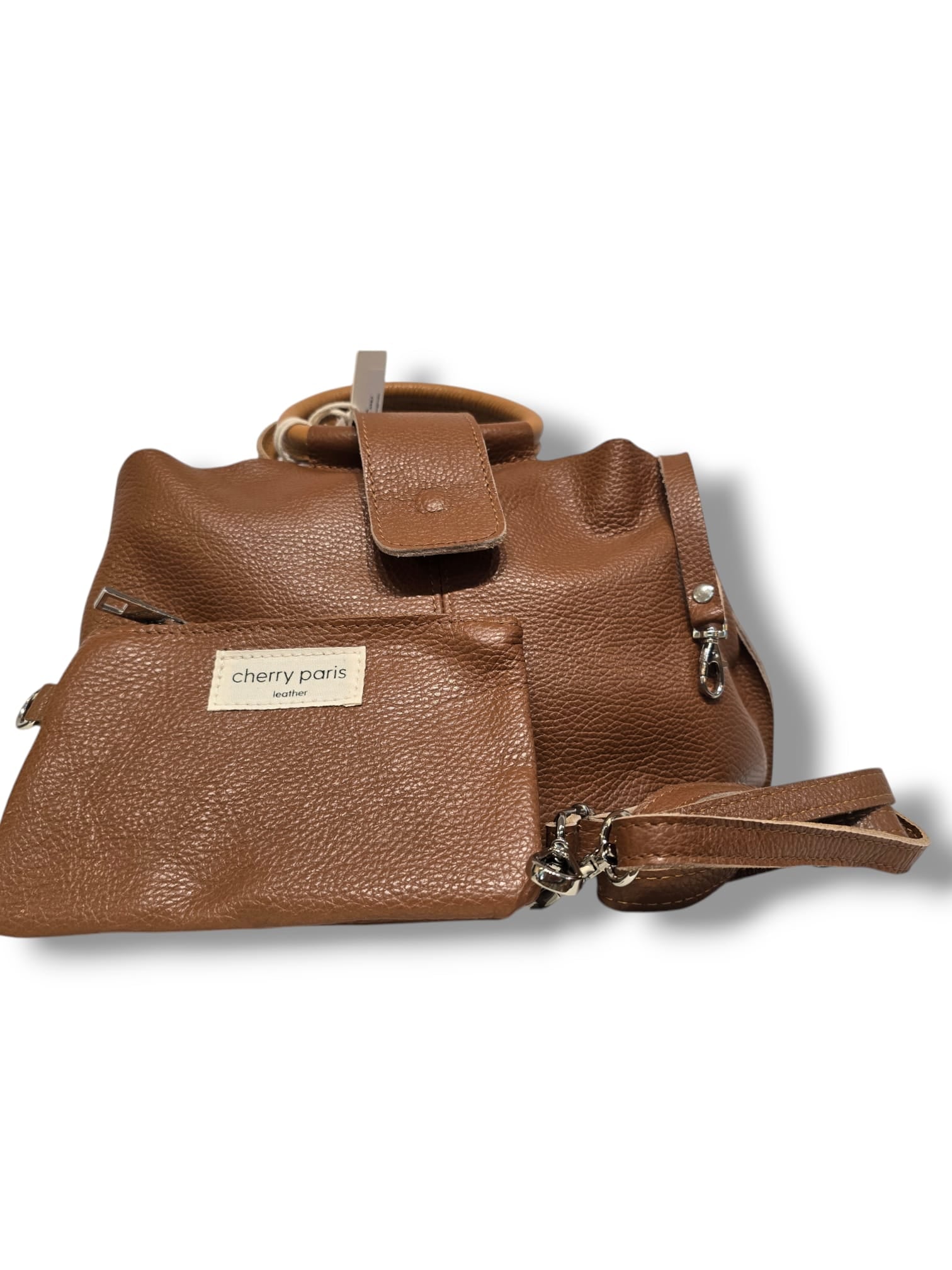 Sac Cherry Paris – Cuir grainé camel avec pochette assortie