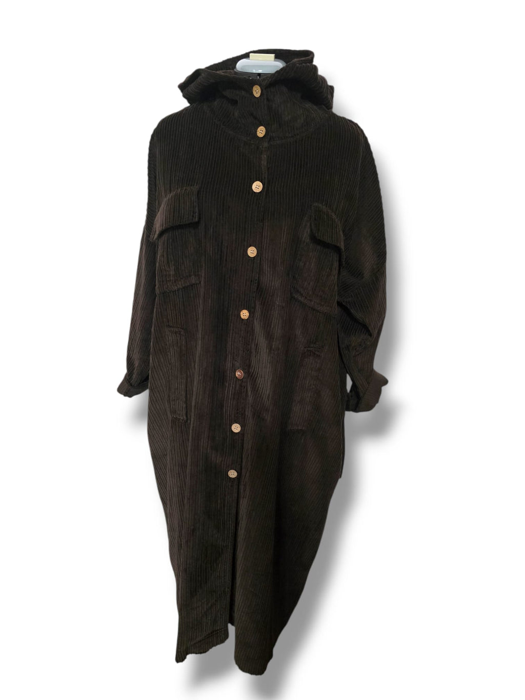 Manteau long à capuche en coton côtelé – Marron