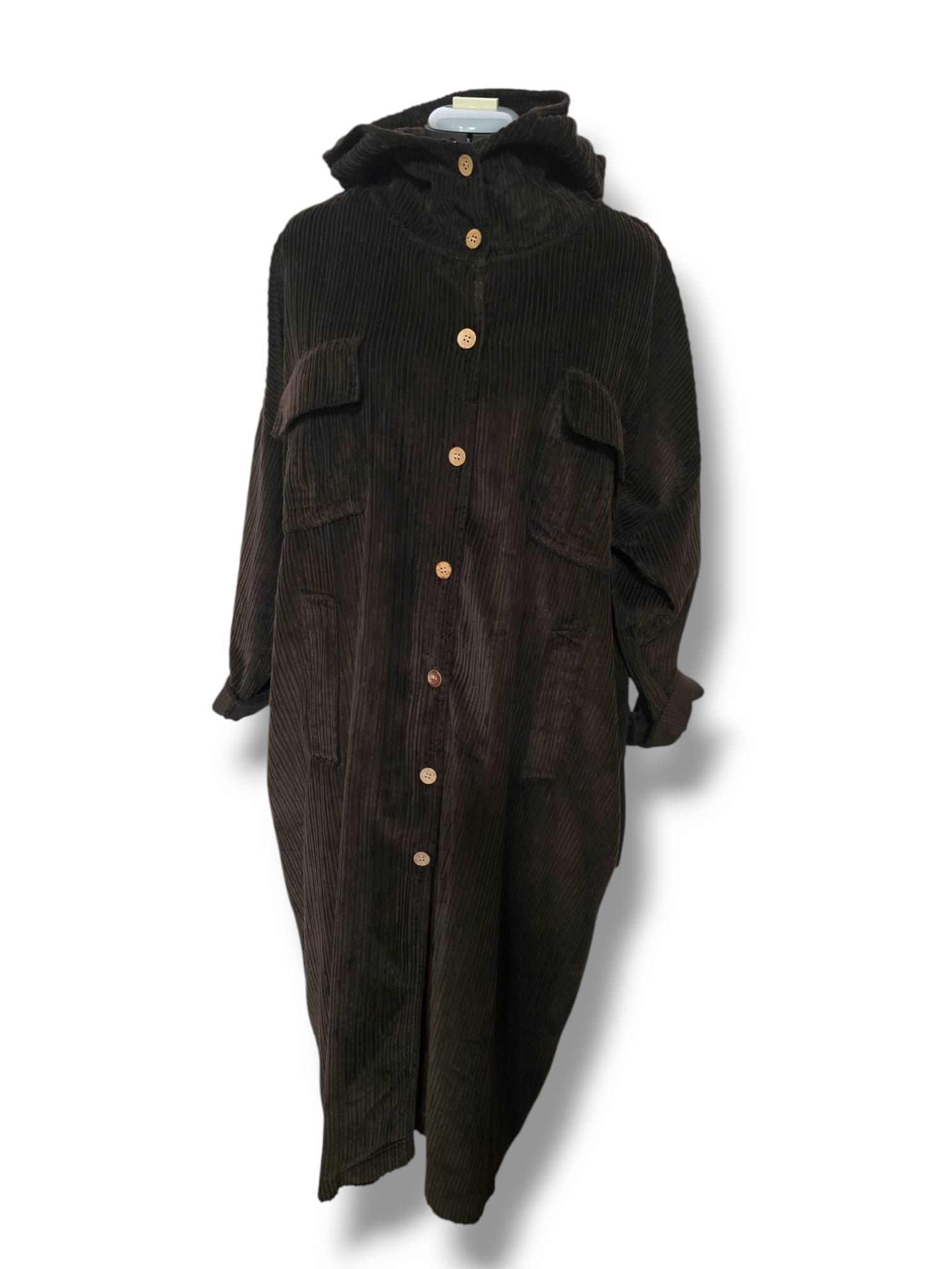 Manteau long à capuche en coton côtelé – Marron