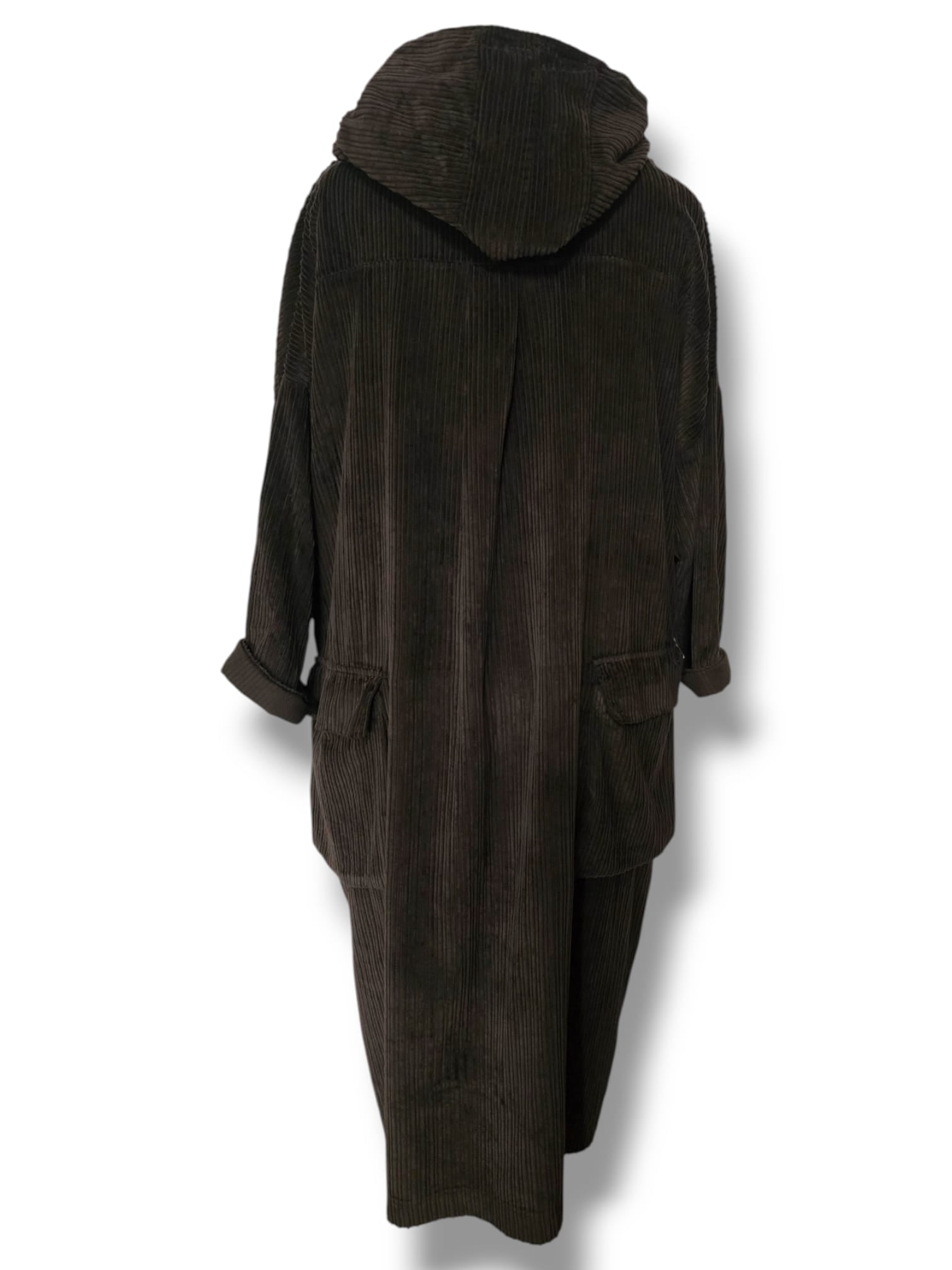 Manteau long à capuche en coton côtelé – Marron