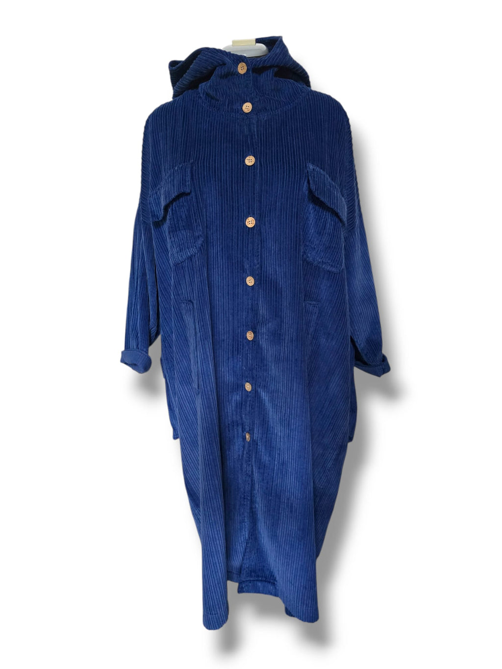 Manteau long à capuche en coton côtelé – Bleu