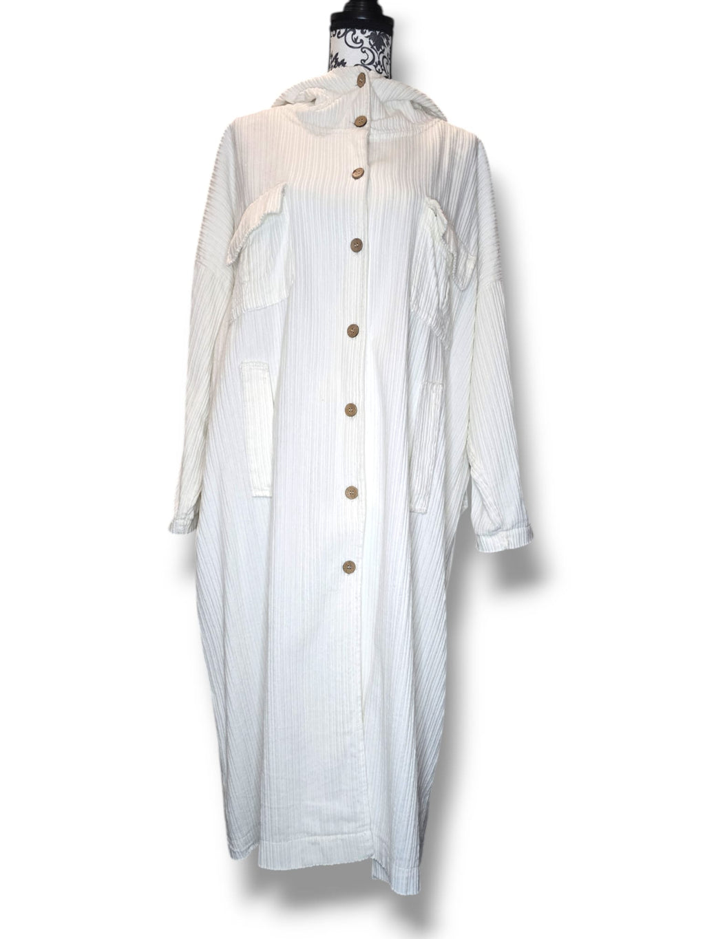Manteau long à capuche en coton côtelé – Blanc