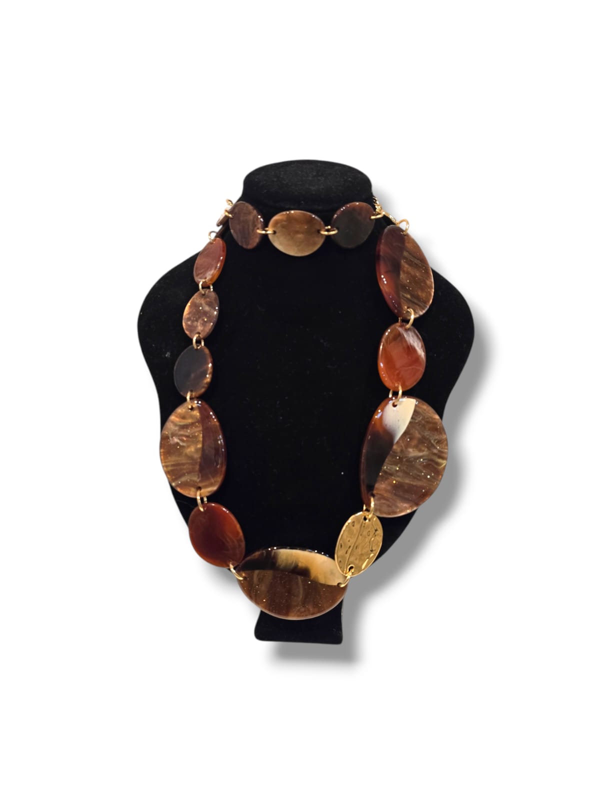 Collier galets résine marron et doré